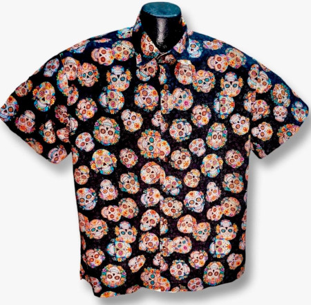 Sugar Skulls Hawaiian Shirt- Black- Made in USA- Cotton